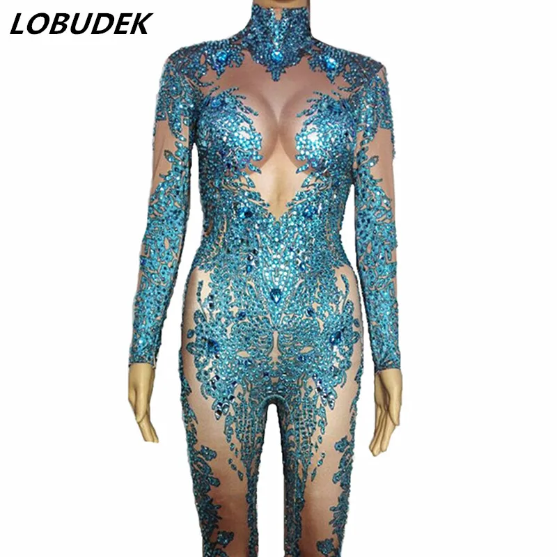 Full Rhinestones Blue Stretch Leotard Jumpsuit Glass Crystals Elastic Bodysuit Sexy Nightclub Party DS Costume Singer Stage Wear
Full Rhinestones Blue Stretch Leotard Jumpsuit Glass Crystals Elastic Bodysuit Sexy Nightclub Party DS Costume Singer Stage Wear