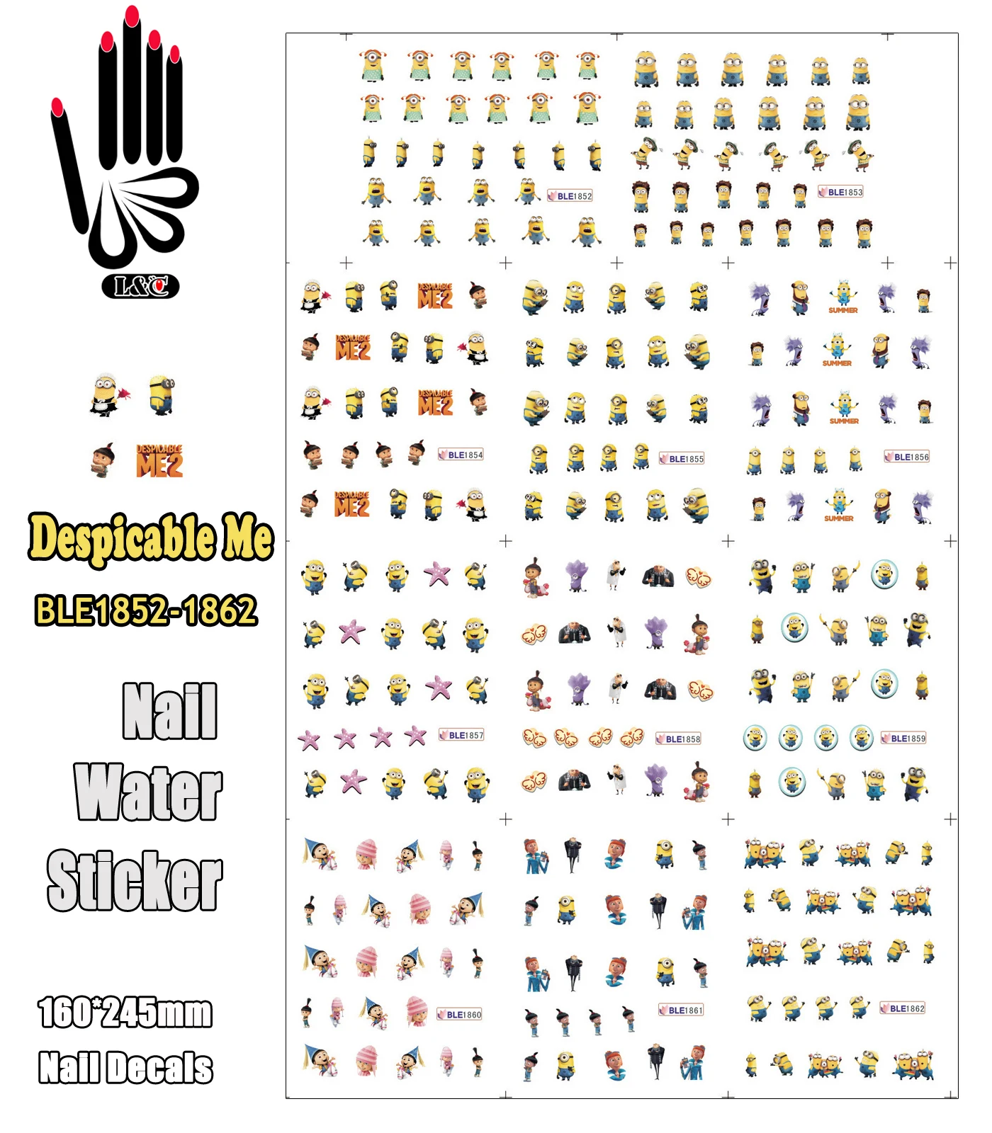 11 Sheets/Lot Nail Cartoon BLE1852-1862 Yellow Despicable Me Nail Art Water Sticker for Nail Art Decoration(11 DESIGNS IN 1)
11 Sheets/Lot Nail Cartoon BLE1852-1862 Yellow Despicable Me Nail Art Water Sticker for Nail Art Decoration(11 DESIGNS IN 1)