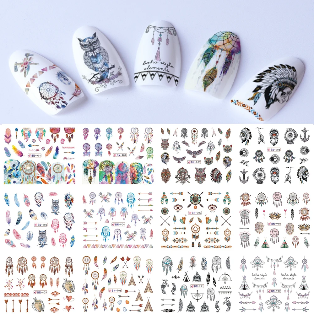 12 узоров Ловец снов Набор стикеров для воды перо сова цвет дизайн ногтей