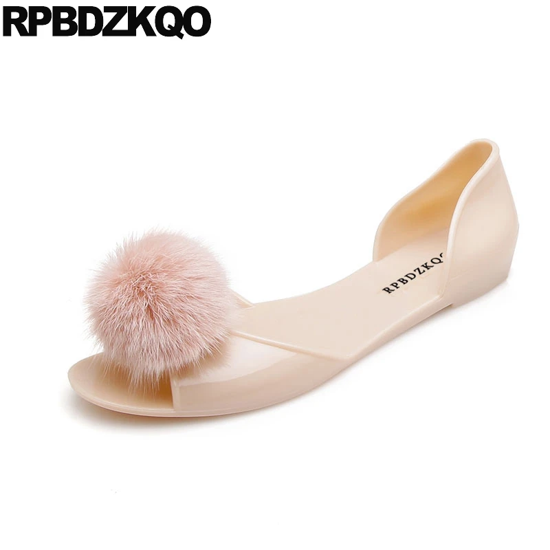 Women Sandals 2021 Summer Cheap Slip On Rubber Clear Beach Jelly Peep Toe Embellished Flat Soft Pom Transparent Pink Shoes Pvc | Обувь