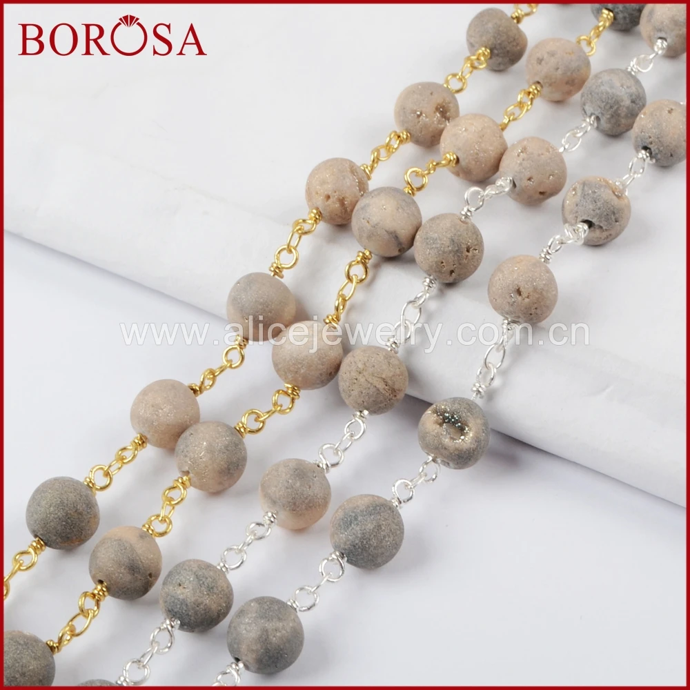 

BOROSA Gold Color Or Silver Color 8mm Round Agates Titanium Champagne Druzy Beaded Chain for Necklaces DIY Drusy Jewelry JT158