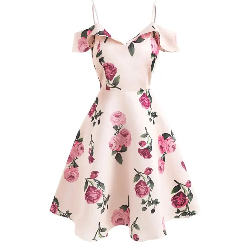 Summer Spaghetti Strap Dresses Women 50s Vintage Pink Floral Print Sweet A Line Casual Elegant Swing Party Backless Beach Dress
Summer Spaghetti Strap Dresses Women 50s Vintage Pink Floral Print Sweet A Line Casual Elegant Swing Party Backless Beach Dress
