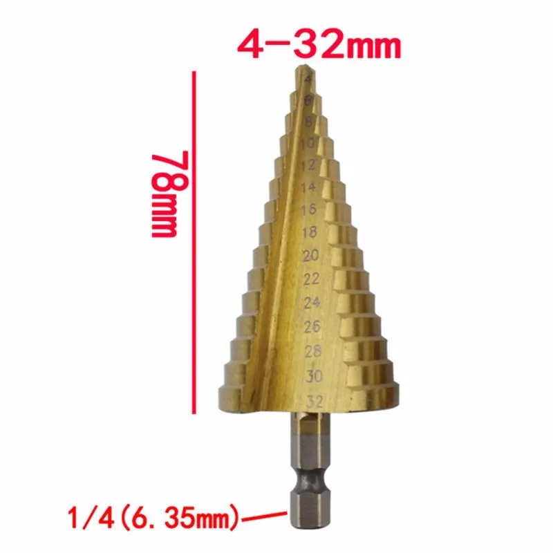 HSS Titanium Coated Step Drill Bit 4-32mm Metal Cut High Speed Steel Wood Drilling Core Drill Bits Power Tools Brocas
HSS Titanium Coated Step Drill Bit 4-32mm Metal Cut High Speed Steel Wood Drilling Core Drill Bits Power Tools Brocas