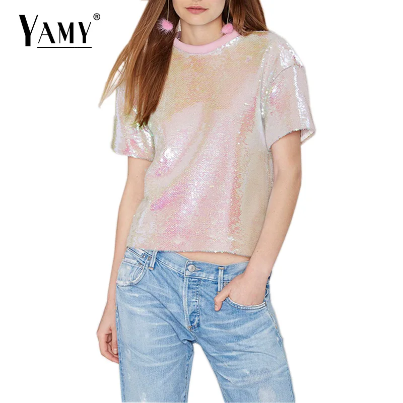 New Arrival Summer women PINK sequin T-shirt 2017 High quality gorgeous shirt for girls plus size clothing sequined Top | Женская одежда