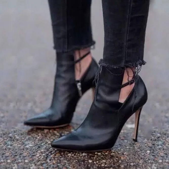 Sexy Black Leather Pointed Toe Strapy Buckle High Heel Pumps Cut-out Thin Heels Women Shoes Chic Gladiator Ankle Boots For Women
Sexy Black Leather Pointed Toe Strapy Buckle High Heel Pumps Cut-out Thin Heels Women Shoes Chic Gladiator Ankle Boots For Women