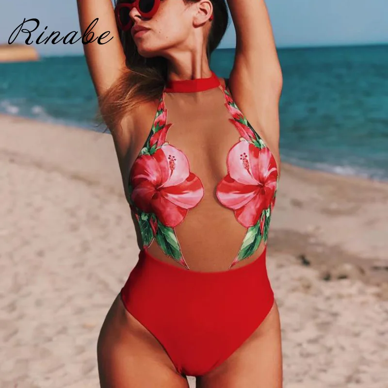 Rinabe Sexy Transparent One Piece Swimsuit Female Flower Swimwear Mesh Bathing Suit Women High Waist Halter Bikini 2019 String | Спорт и