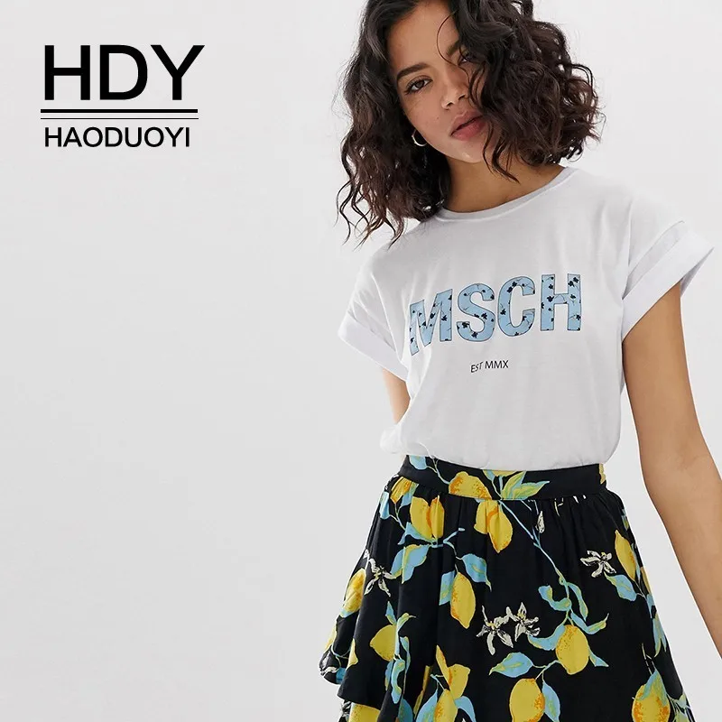 Белая футболка с коротким рукавом HDY Haoduoyi круглой шеей плечиками манжетами и