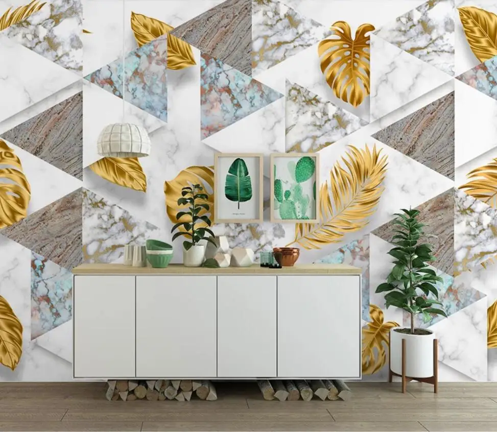 Contemporary and contracted boreal Europe is tropical plant aureate leaf geometrical TV setting wall decorates wallpaper mural |