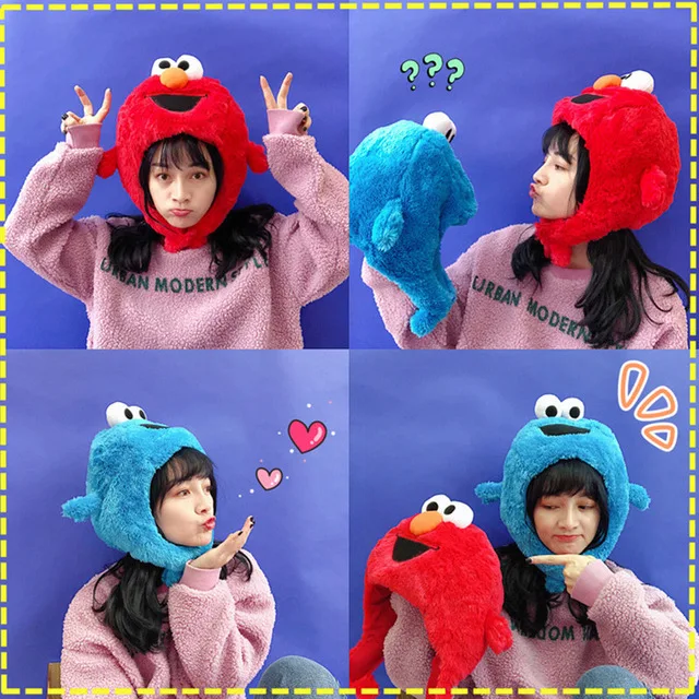 

High Quality Sesame Street Elmo Cookie Monster hat cap Soft Plush Toy Dolls stuffed toys figure A gift for a child