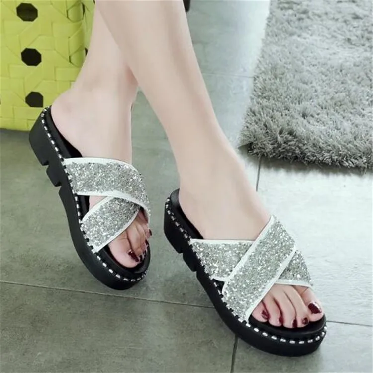 PXELENA Bling Sequined Women Slides Open Toe Flat Platform Summer Slippers Lady Shoes Fashion Outside Beach Flip Flops Hot | Обувь