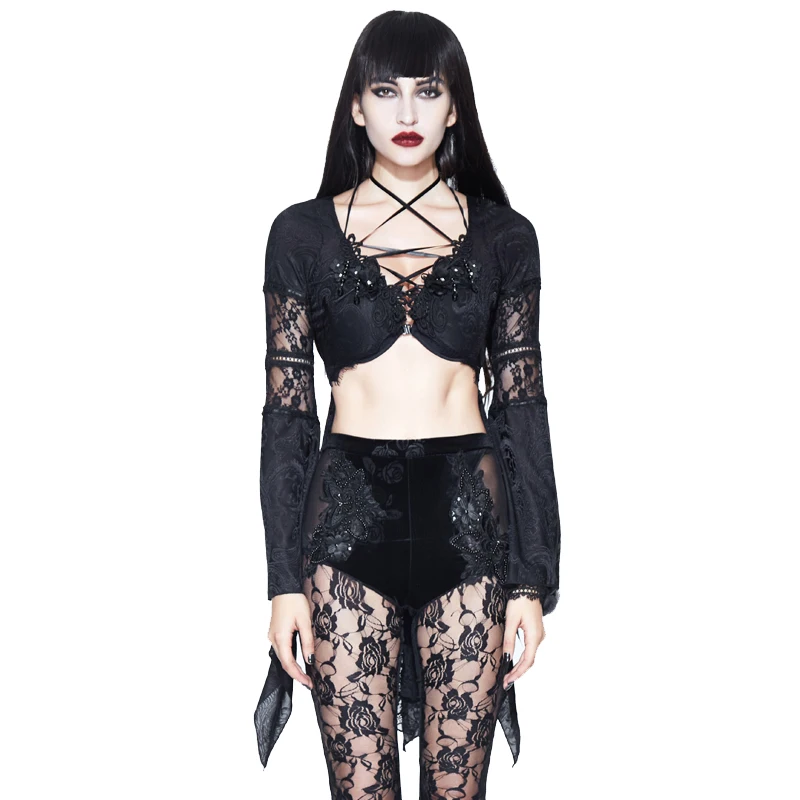 EVA LADY Sexy Lady T-shirt Black Lace See Through Short T-shirt Bandage Flare Sleeve Gothic Top Tees Lace Up Hollow Out T-shirts
EVA LADY Sexy Lady T-shirt Black Lace See Through Short T-shirt Bandage Flare Sleeve Gothic Top Tees Lace Up Hollow Out T-shirts