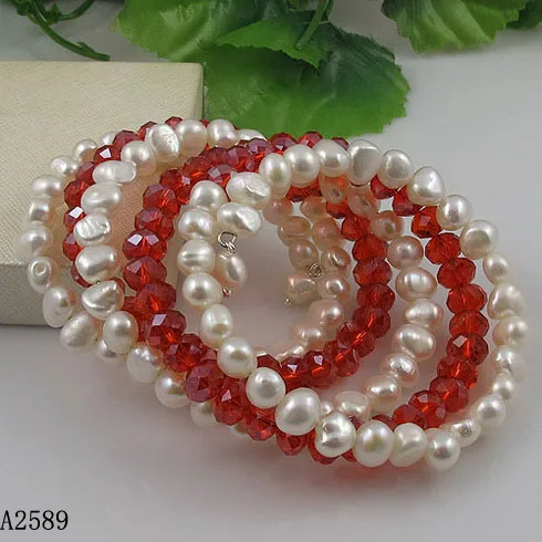 

Unique Pearls jewellery Store 5rows Red Crystal Beads White Freshwater Pearl Wrap Bracelet Perfect Wedding Birthday Women Gift