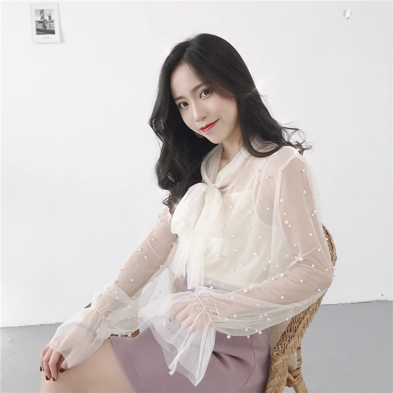 Vintage 2 Pieces Set Mesh Beading Bow Shirt Women See Through Lace Up Chiffon Female Tops G32
Vintage 2 Pieces Set Mesh Beading Bow Shirt Women See Through Lace Up Chiffon Female Tops G32