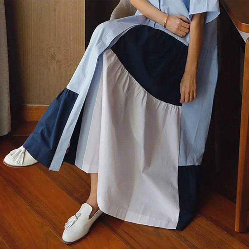 Корейский стиль женское длинное платье темперамент пэчворк хлопок модное