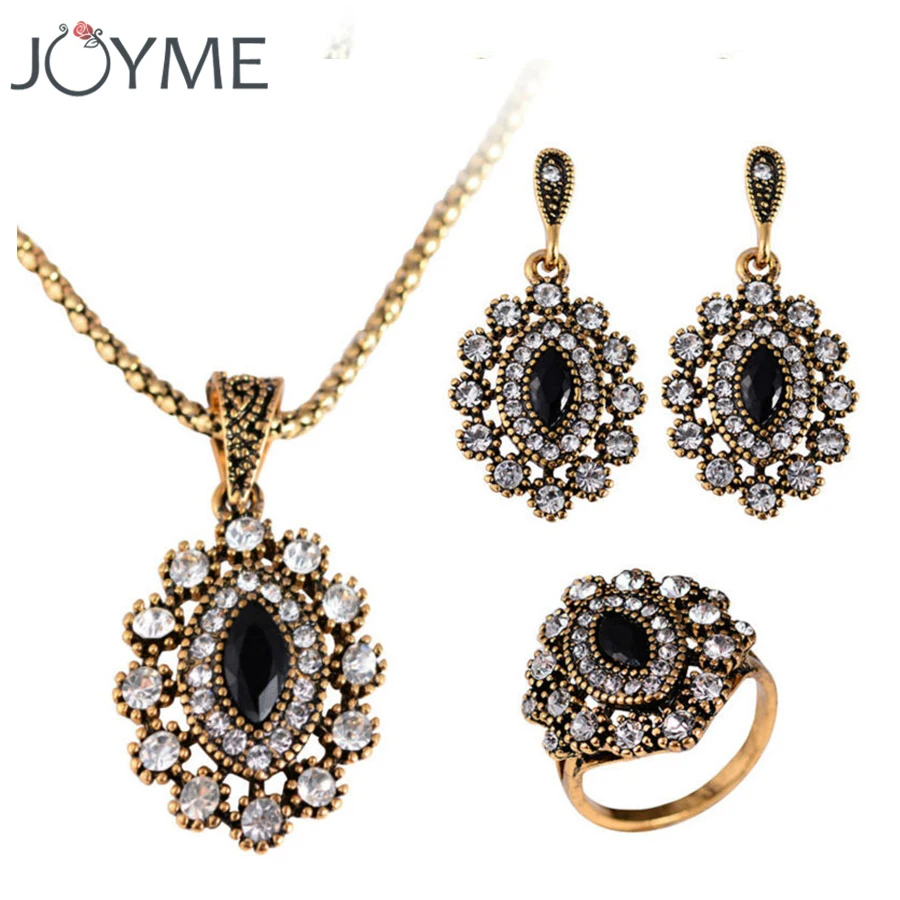 Joyme New Vintage Look Gold-Color Eye Wedding Turkish Jewelry Crystal Earring Ring Necklace Sets For Women Bijoux Femme | Украшения и