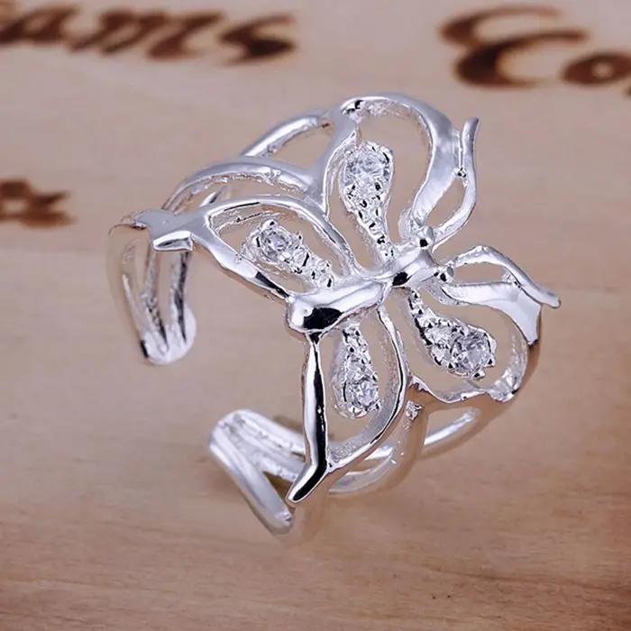 Женское и мужское кольцо с бабочкой из циркония открытое серебряное покрытием