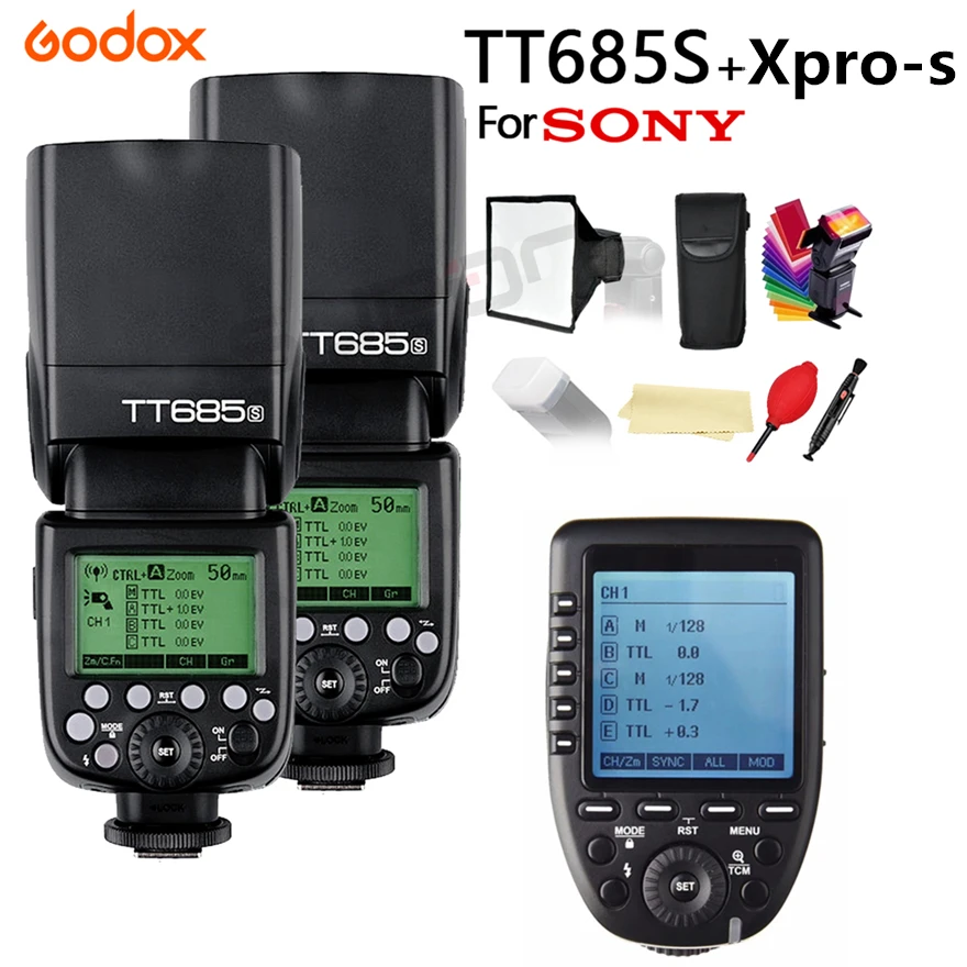 2x Godox TT685 TT685S 2 4G 1/8000s HSS TTL вспышка для камер Sony DSLR A77II A7RII A7R A58 A9 + XPRO S 15*17 см