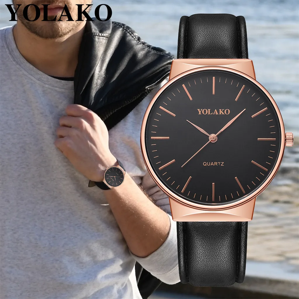 YOLAKO роскошные Брендовые мужские часы повседневные кварцевые кожаные с ремешком