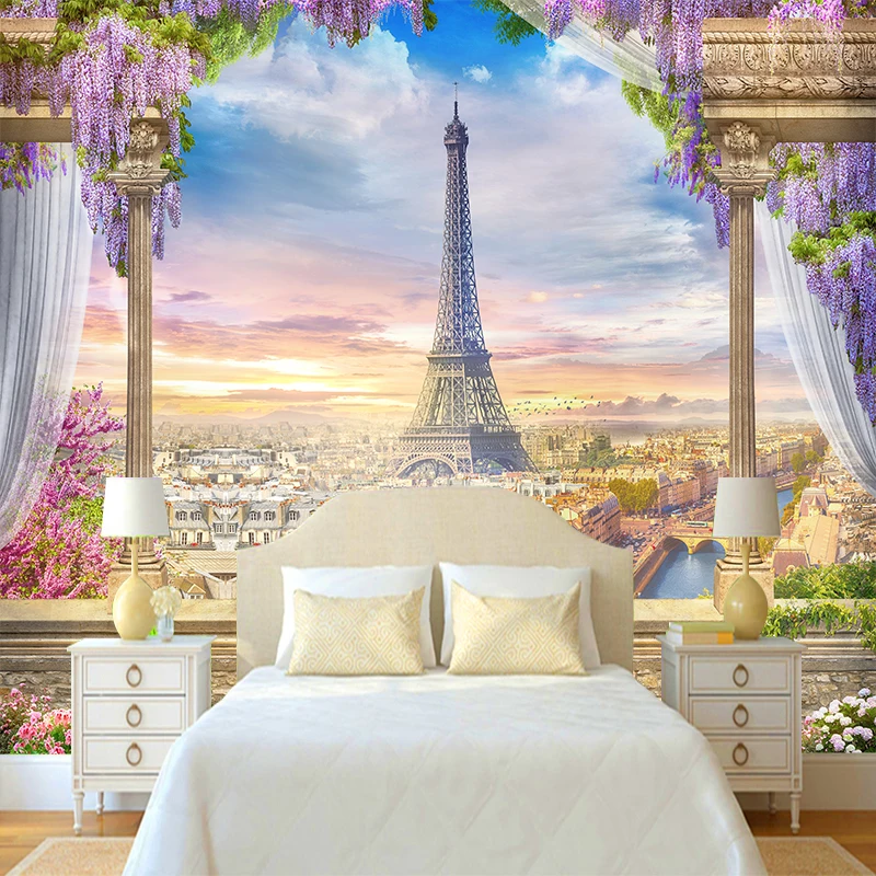 

Custom any size 3D wall mural wallpapers Modern fashion EiffelTower Flowers purple flower 3D Perspective Wall Sticker YBZ132