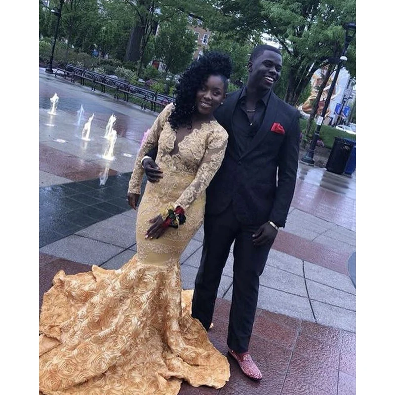 Gold Black Girls Mermaid Prom Dresses 2019 New Long Sleeve Sweep Strain Lace Applique Flowers Formal Evening Dress Party Gowns
Gold Black Girls Mermaid Prom Dresses 2019 New Long Sleeve Sweep Strain Lace Applique Flowers Formal Evening Dress Party Gowns
