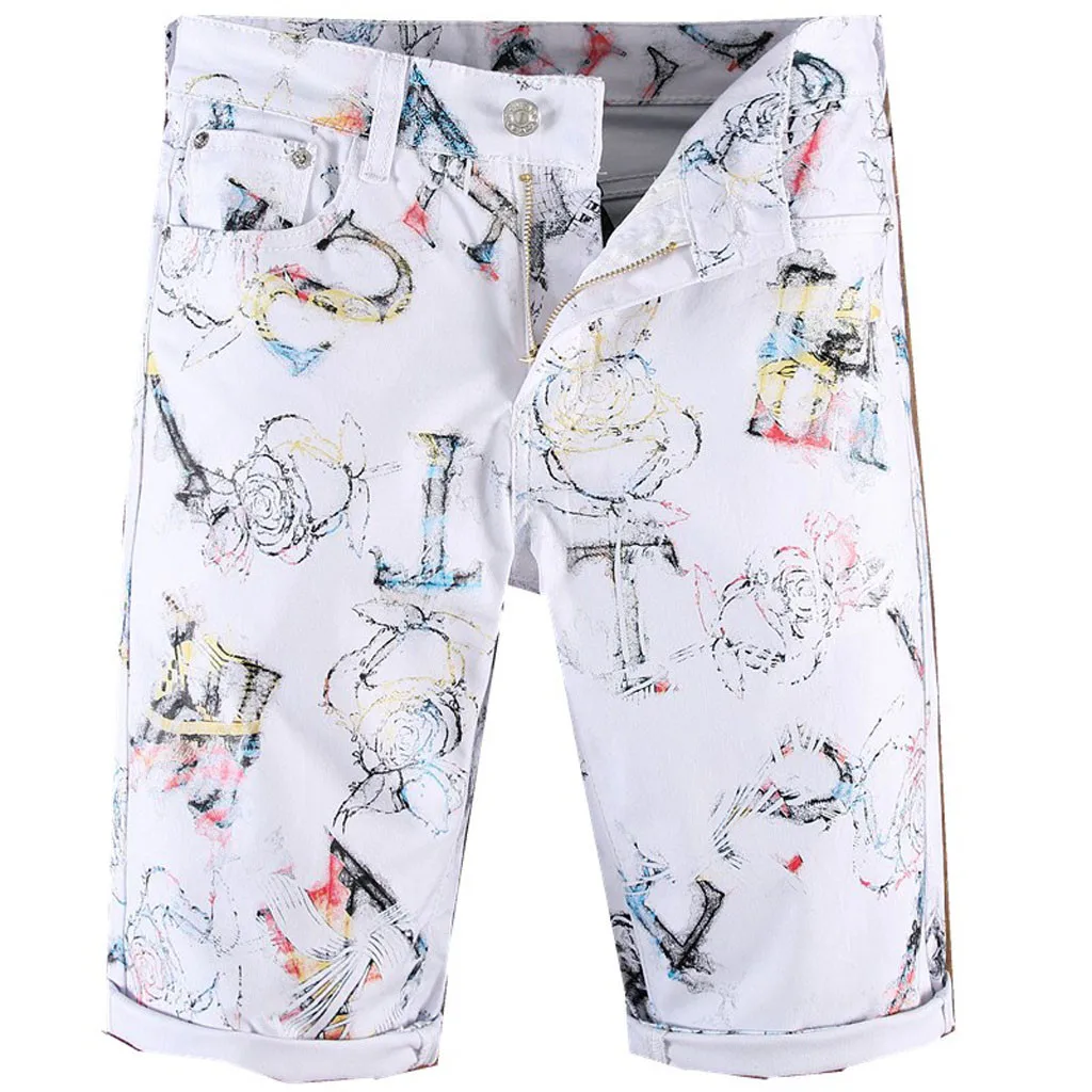 Men Slim Rose Floral Print White Demin Short Casual Jean Male Personality Knee Length Cotton Trouser Bermuda Homme 3# | Мужская одежда
