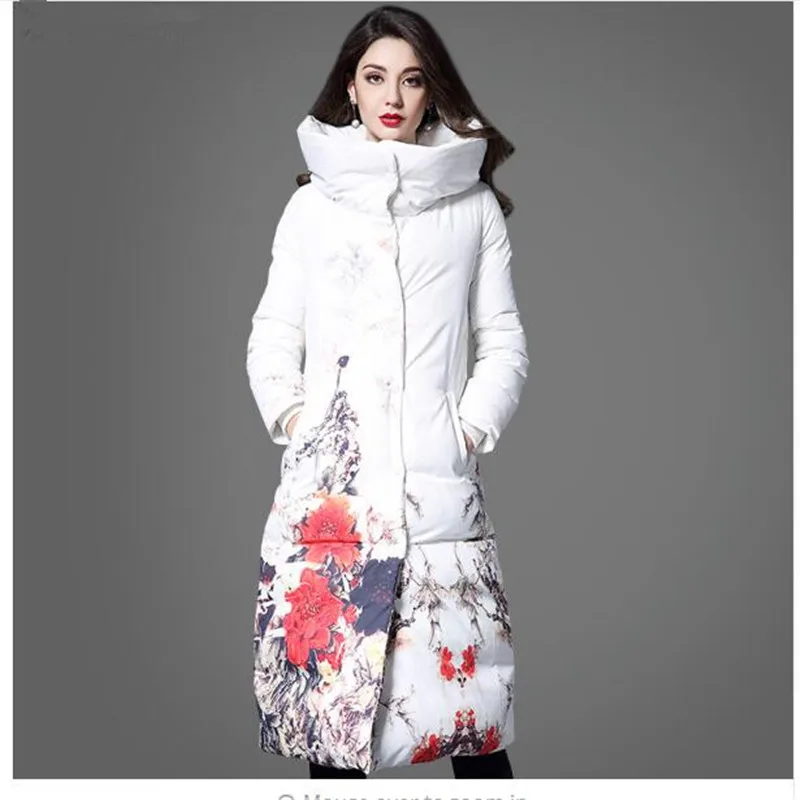 Фото 2018 женская зимняя куртка с цветочным принтом длинная - купить
