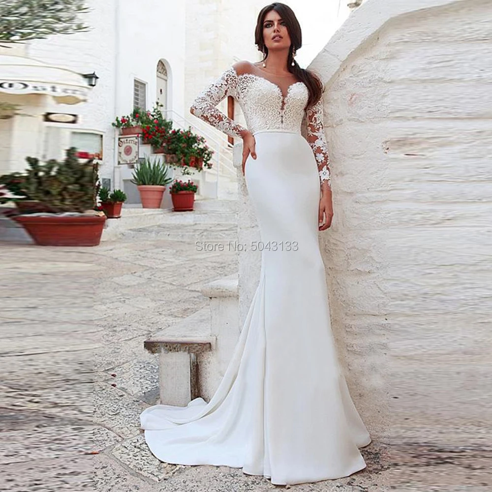 Long Sleeves Mermaid Satin Wedding Dresses 2021 Lace Appliques Scoop Neck Wedding Bridal Gowns Back Buttons Vestidos Noiva
Long Sleeves Mermaid Satin Wedding Dresses 2021 Lace Appliques Scoop Neck Wedding Bridal Gowns Back Buttons Vestidos Noiva