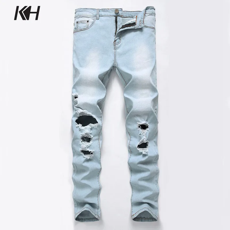 KH Men's Blue Ripped Jeans Fashion Holes Slim Denim Pants Man Destroyed Skinny Casual Denim Trousers Plus size 28~42
KH Men's Blue Ripped Jeans Fashion Holes Slim Denim Pants Man Destroyed Skinny Casual Denim Trousers Plus size 28~42