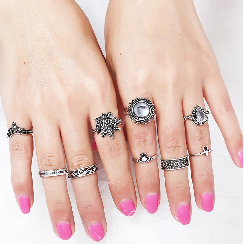 Женский комплект колец в богемном стиле Винтажное кольцо серебряного цвета с