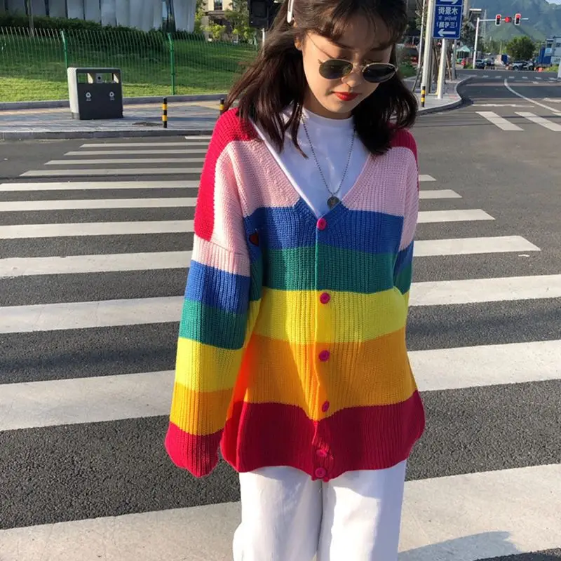 Женский Радужный кардиган Harajuku свободный Свитер оверсайз с вышитой надписью в