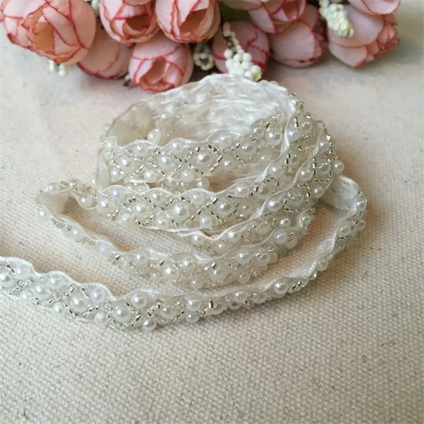 

3 yard 1cm Ivory Pearl Beaded Handmade Lace Edge Trims Wedding Dress Belt Sash Ribbon Bridal Applique Fabric Sewing Craft DIY