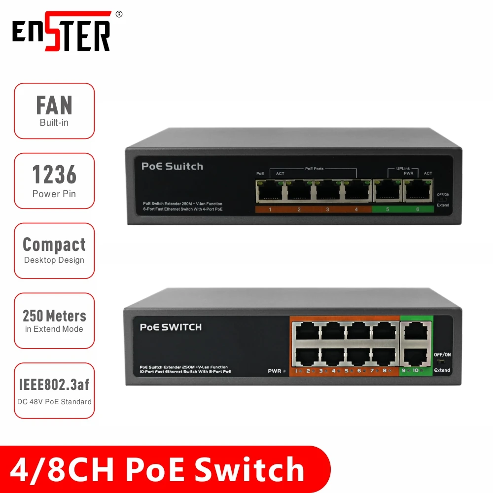Мини неуправляемый переключатель ENSTER 4 канала 8 каналов для IP камеры с поддержкой
