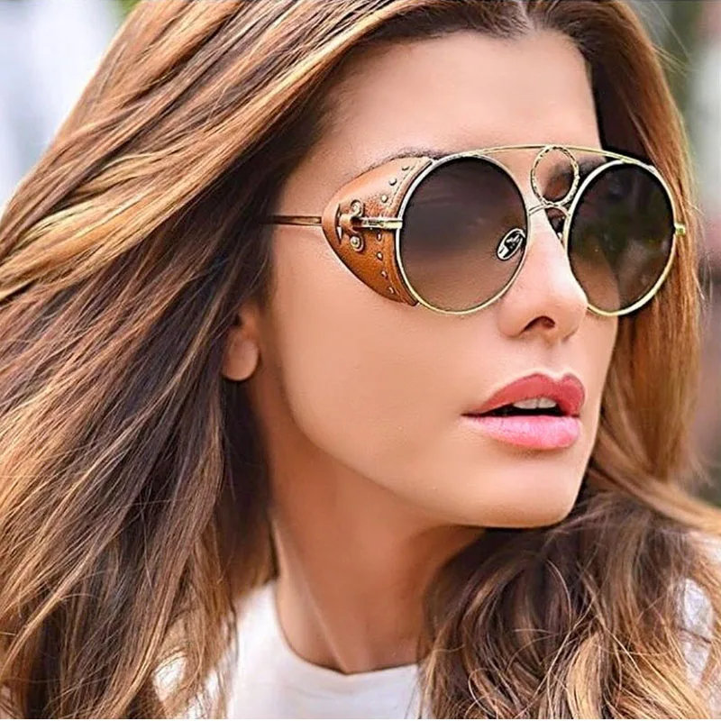 Fashion Vintage SteamPunk Sunglasse Women Rivet Circle Sunglasses Leather Side Shield Brand Design Sun Glasses Men Oculos De Sol
Fashion Vintage SteamPunk Sunglasse Women Rivet Circle Sunglasses Leather Side Shield Brand Design Sun Glasses Men Oculos De Sol
