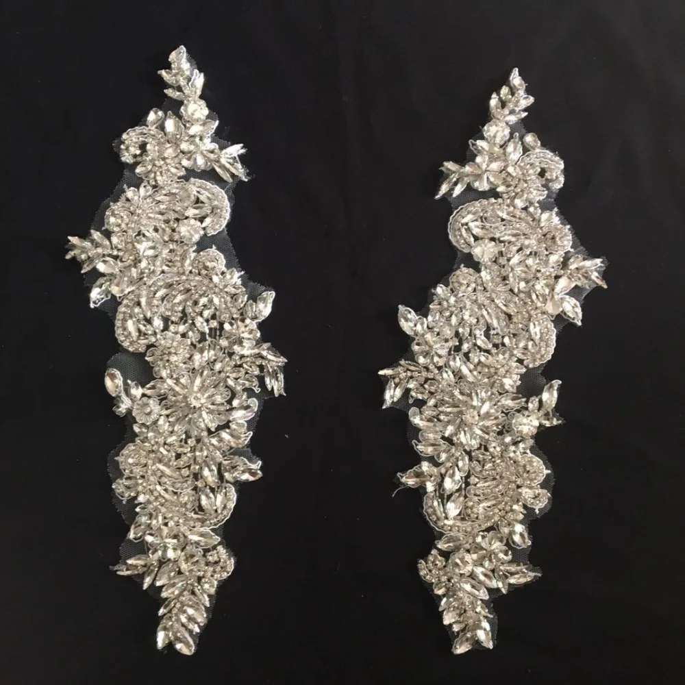 2 pcs Rhinestone bead applique, heavy bead handmade rhinestone motif bodice for bridal sash, crystal bridal headpiece
