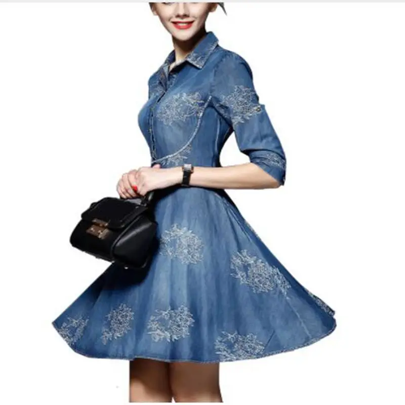 New Spring Autumn Women Denim Dress Adjustable Sleeves Embroidered Short Jean Cowboy Dress Jurken Grote Maten
New Spring Autumn Women Denim Dress Adjustable Sleeves Embroidered Short Jean Cowboy Dress Jurken Grote Maten