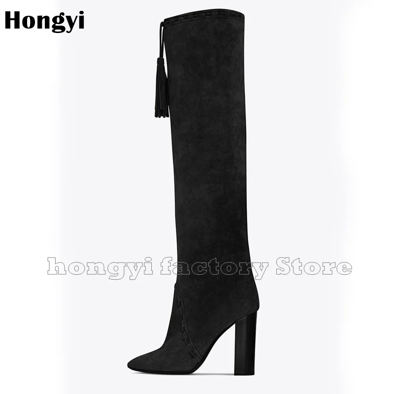 Fashion Winer Black Brown Suede Leather Fringed Block Heeled Boots Women Pointed Toe knee High Ruched Gathering Booty
Fashion Winer Black Brown Suede Leather Fringed Block Heeled Boots Women Pointed Toe knee High Ruched Gathering Booty