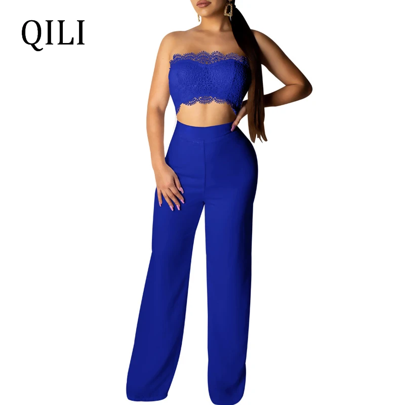 

QILI Women Strapless Two Piece Set Jumpsuits Lace Top+Pants Solid Wile Leg Jumpsuits Romper Casual Jumpsuits