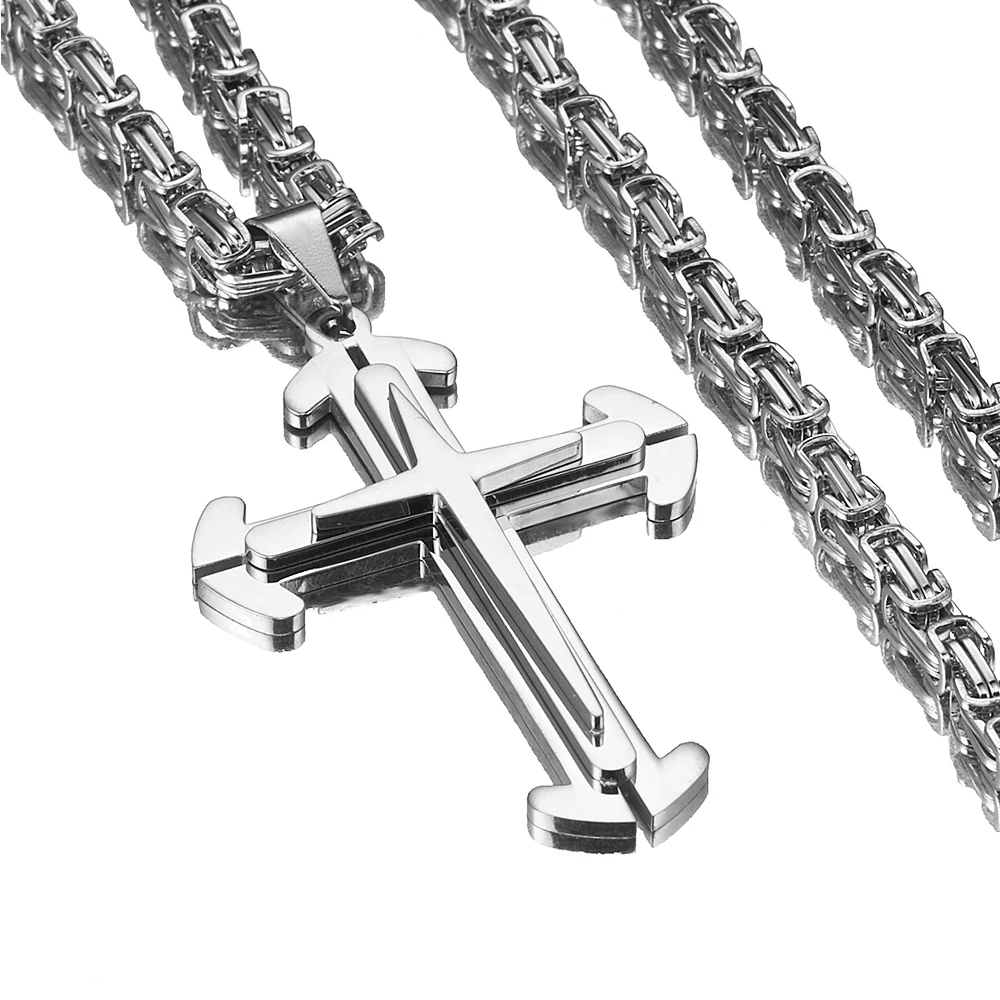 5mm Men Necklace Pendant Stainless Steel Byzantien Chain Silver Color Cross Hip-hop for Jewelry | Украшения и аксессуары