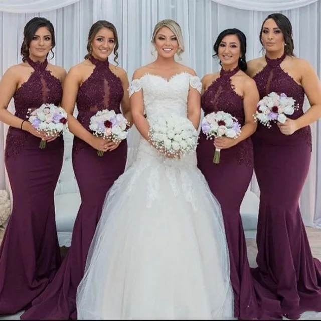 2020 Sexy Halter Long Mermaid Bridesmaid Dresses Purple Appliques Beaded Party Gowns Maid Of Honor Dress
2020 Sexy Halter Long Mermaid Bridesmaid Dresses Purple Appliques Beaded Party Gowns Maid Of Honor Dress