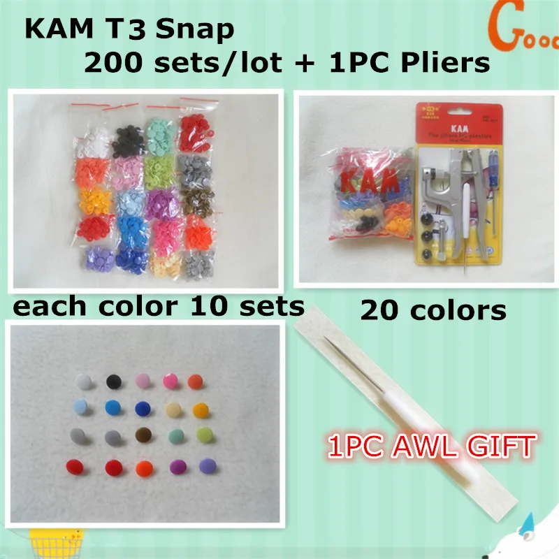 

( 20 colors mixed ) 200sets Glossy T3 size 16 Kam Snaps Button Plastic Resin Fasteners for DIY Baby Diaper + 1pc DK001 Kit Tool
