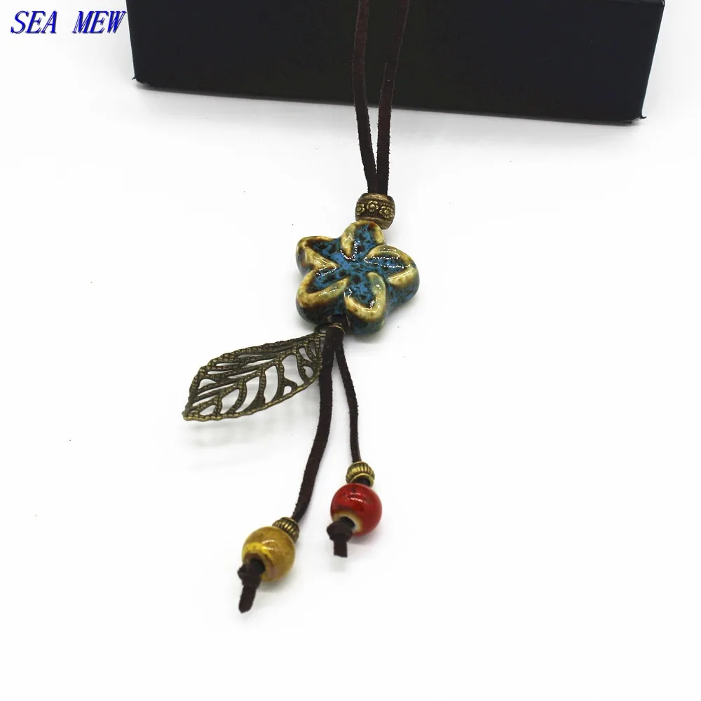 SEA MEW модное керамическое длинное ожерелье с цветком из бисера и листьев мягкий