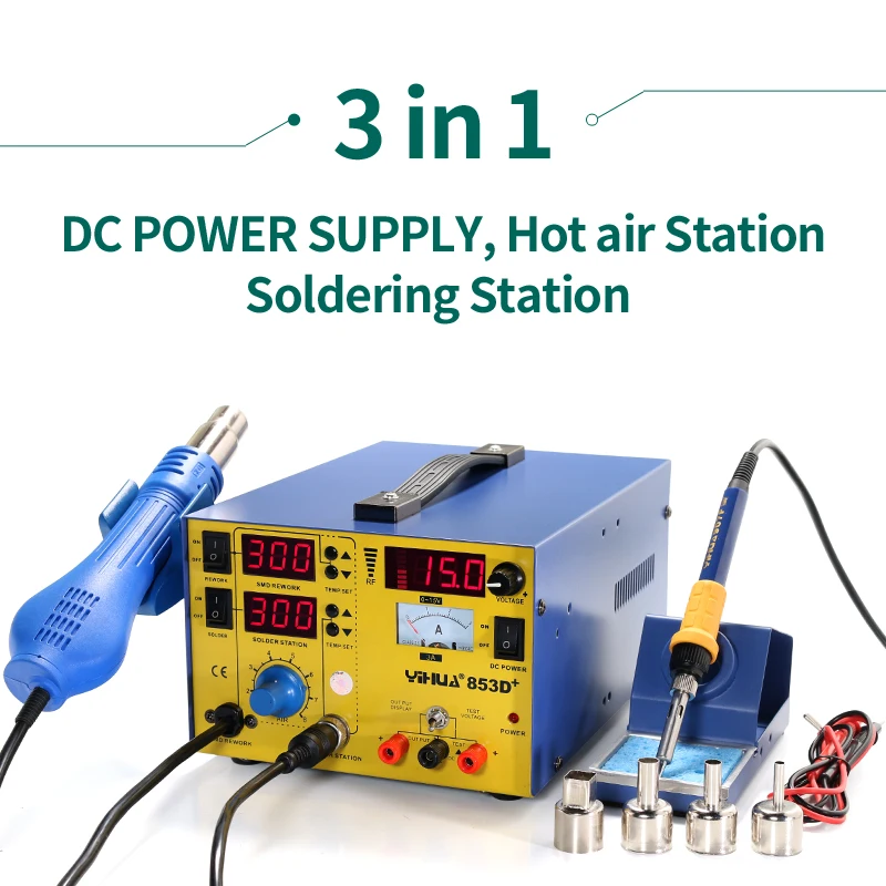 YIHUA 853D+ 3A Mobile Phone Repairing 3 In 1 Soldering Station Gun With Soldering Iron And 3A DC Power Supply
YIHUA 853D+ 3A Mobile Phone Repairing 3 In 1 Soldering Station Gun With Soldering Iron And 3A DC Power Supply