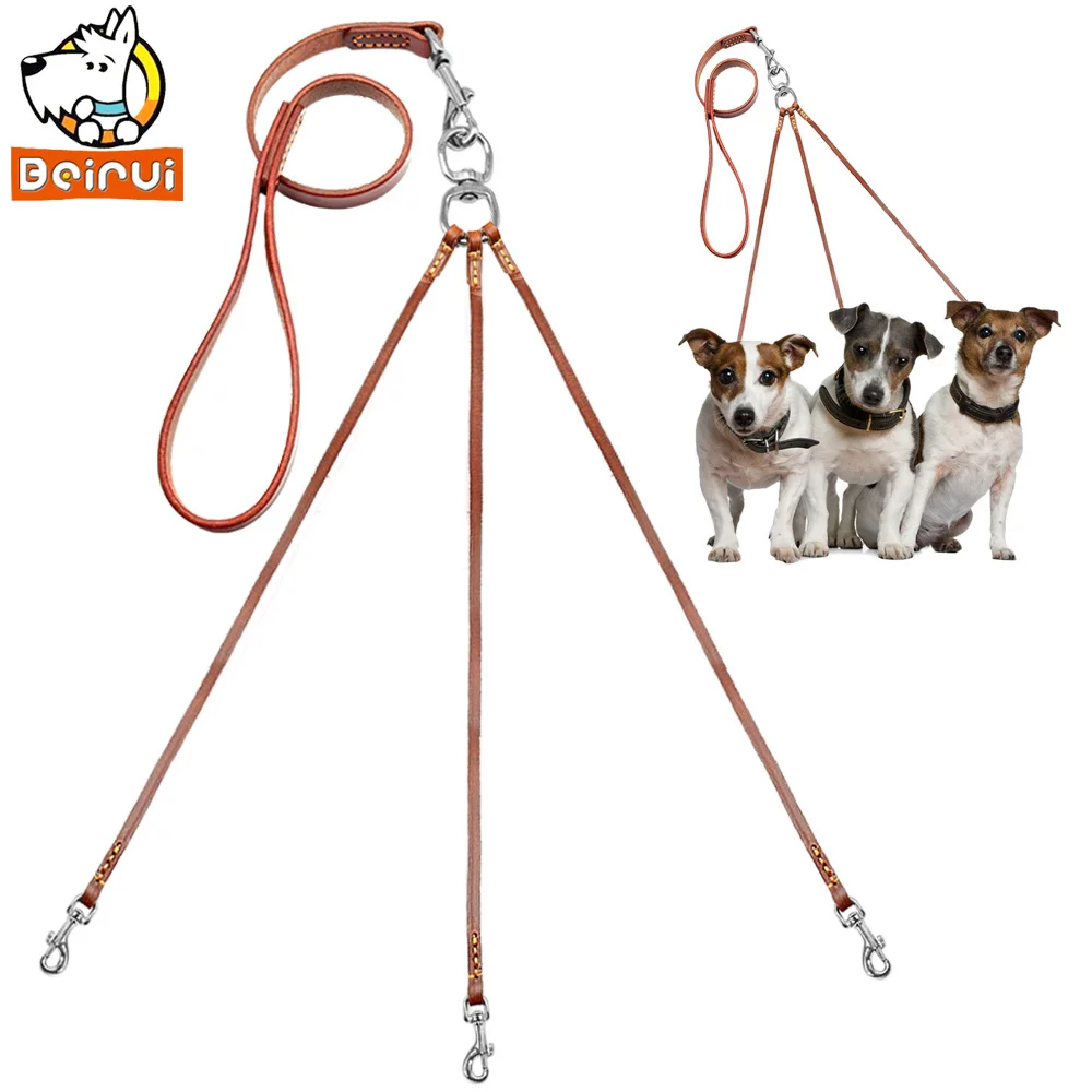 

Three Way Puppy Dog Leash Coupler No Tangle Leather Triple Dog Leashes Lead For Walking 1 or 3 Small Medium Dogs Brown Color
