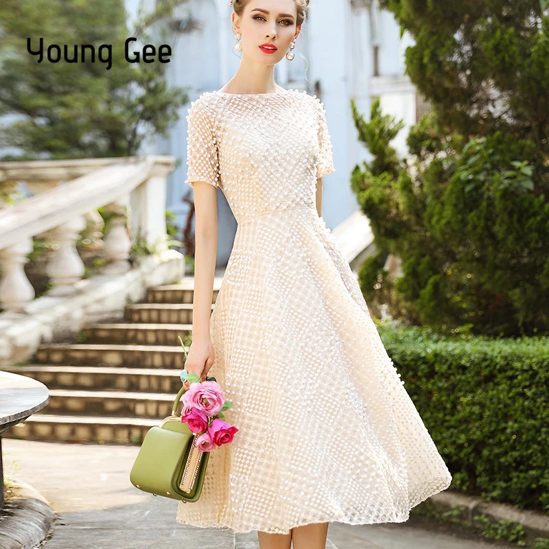 Young Gee White Pink Lace Dress Party Cute Women Elegant Pearls Beading Embroidery Midi Fairy Dresses Slim Waist Summer vestidos
Young Gee White Pink Lace Dress Party Cute Women Elegant Pearls Beading Embroidery Midi Fairy Dresses Slim Waist Summer vestidos
