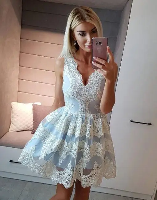 Sky Blue Elegant Cocktail Dresses A-line V-neck Short Mini Appliques Lace Party Plus Size Homecoming Dresses
Sky Blue Elegant Cocktail Dresses A-line V-neck Short Mini Appliques Lace Party Plus Size Homecoming Dresses