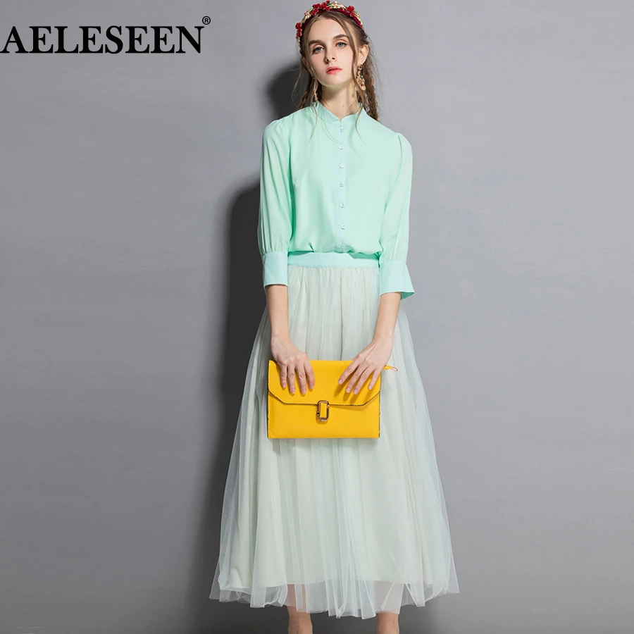 AELESEEN Luxury Set 's Women Twinsets 2021 Autumn Stand 3/4 Sleeve Top + Elastic Waist Mesh Solid Ankle-Length Skirt 2018 Suit
AELESEEN Luxury Set 's Women Twinsets 2021 Autumn Stand 3/4 Sleeve Top + Elastic Waist Mesh Solid Ankle-Length Skirt 2018 Suit