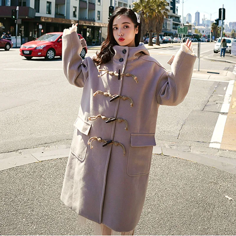 long Wool blends coat female Korean 2019 new hooded horn buckle woolen coat winter women loose oversized excellent windbreaker
long Wool blends coat female Korean 2019 new hooded horn buckle woolen coat winter women loose oversized excellent windbreaker