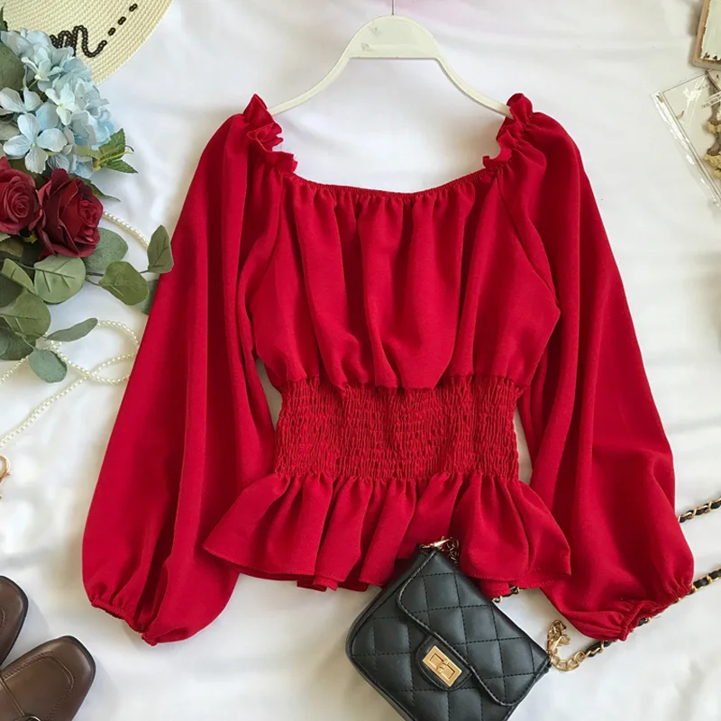 Sexy Slash Neck Chiffon Shirt Spring Summer Off Shoulder New Long Sleeve Tops Elastic Waist Ruffles Blouses Women Fashion Shirts
Sexy Slash Neck Chiffon Shirt Spring Summer Off Shoulder New Long Sleeve Tops Elastic Waist Ruffles Blouses Women Fashion Shirts