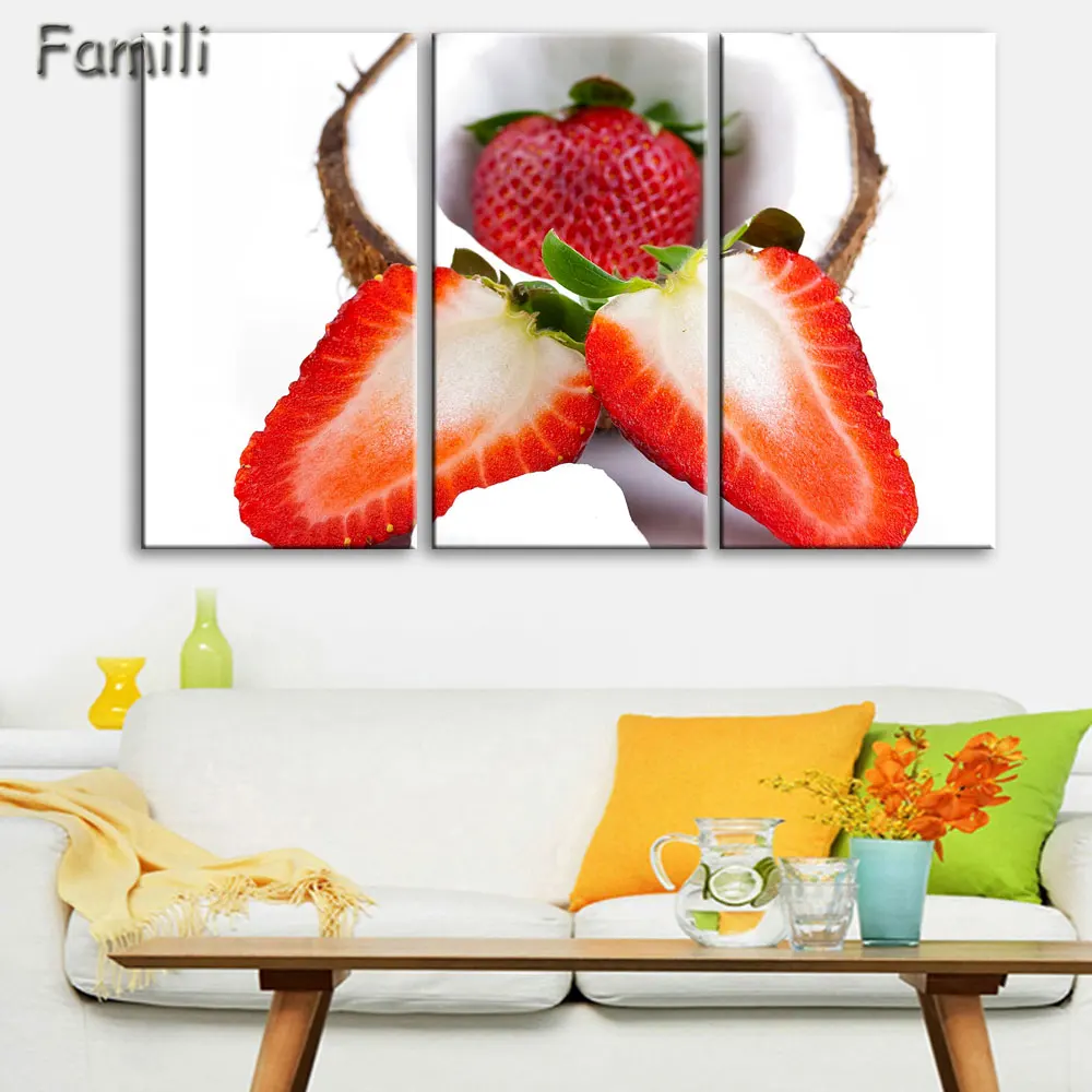 3 Panel Fruit Canvas Painting Cuadros Decoration Wall Art Lemon Strawberry Modular Pictures for Living Room Unframe Dropshipping | Дом и сад