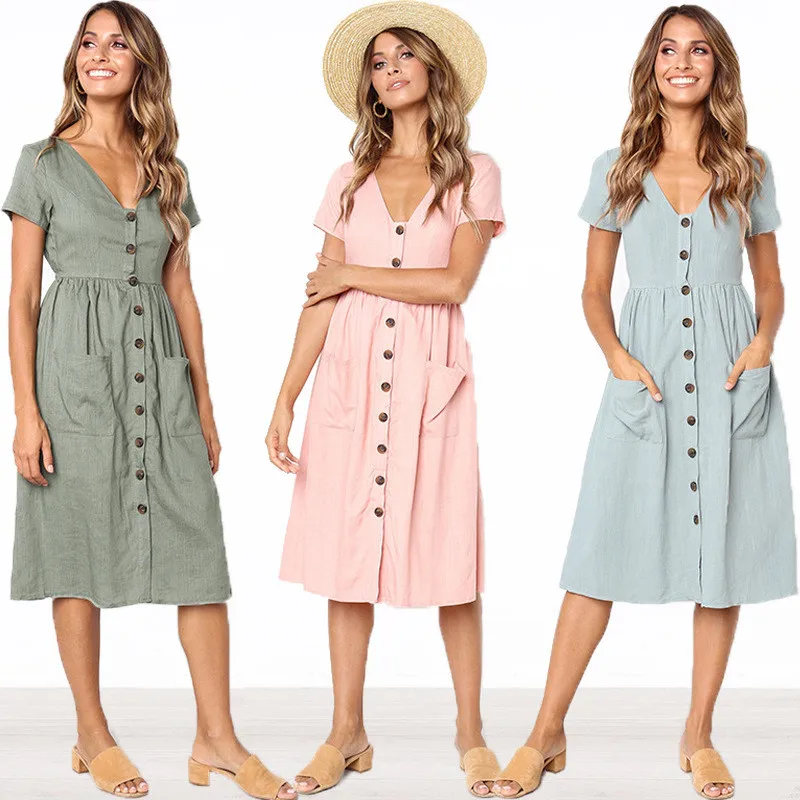 Elegant Short Sleeve V Neck Button Pockets Midi Dress Summer Women Pleated Casual Slim White Dresses Femme Vintage Vestidos 2020
Elegant Short Sleeve V Neck Button Pockets Midi Dress Summer Women Pleated Casual Slim White Dresses Femme Vintage Vestidos 2020